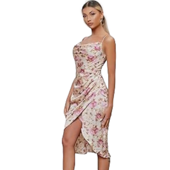 Floral Print Cowl Neck Ruched Spaghetti Strap Satin Slit Party Dress size Med - Picture 6 of 17